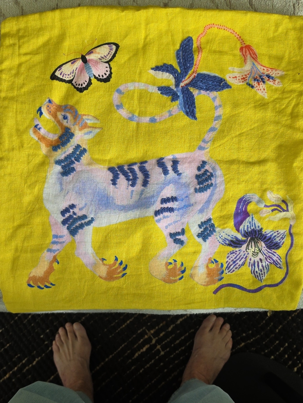Anthropologie Yellow Cat & Floral Printed Pillow Cover